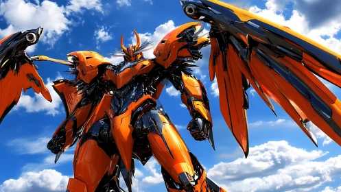 Skyborne orange mech guardian poised above bright clouds.