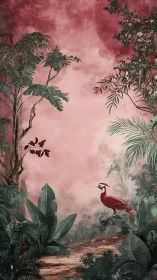 Crimson tropical bird on branch amid stylized pink jungle
