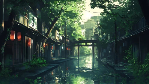 Canal street with lanterns and bridge in dense green light