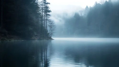 Silent misty forest lake rests under a calm pale blue dawn