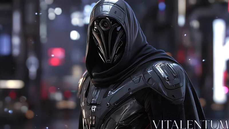 Hooded cybernetic sentinel in reflective armor portrait.