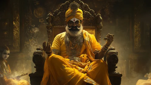 Regal spiritual king in golden robes rules a misty throne room