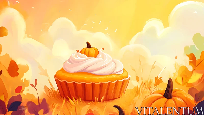 Pumpkin Spice Cupcake in Autumn Landscape Illustration.