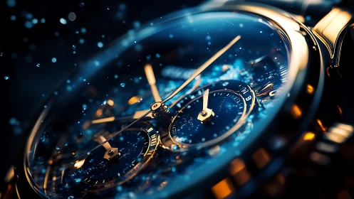 Luxury chronograph watch glows amid shimmering blue light