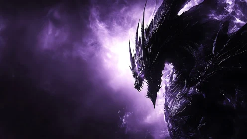 Shadow dragon emerges from glowing violet cosmic storm