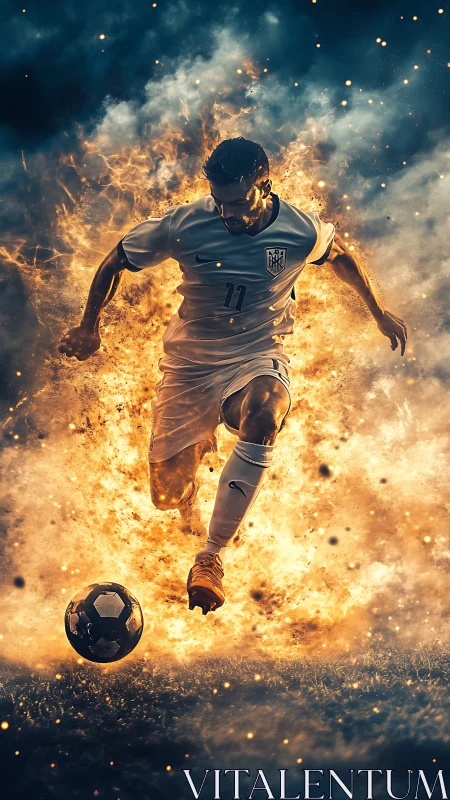 Soccer player sprints toward ball through explosive fire effects