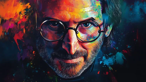 Intense frontal portrait rendered in saturated digital color fields