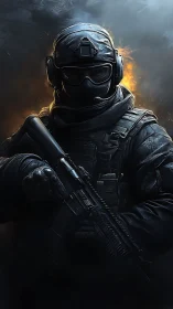 Armored tactical soldier stands ready before burning skyline