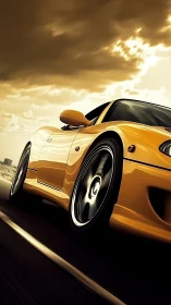 Yellow sports coupe on highway under dramatic cloudy sky.