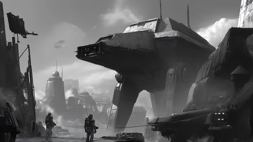 Colossal walking starship guards a misty future cityscape.