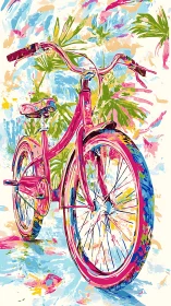 Vibrant Children's Bicycle with Tropical Botanical Foliage and Abstract Watercolor Background
