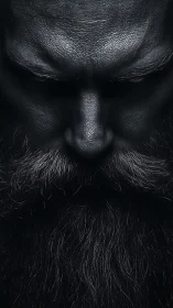Brooding bearded face in stark monochrome close-up portrait.