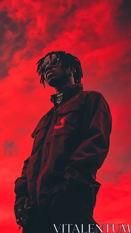 Bold figure stands confident beneath a vivid red sky