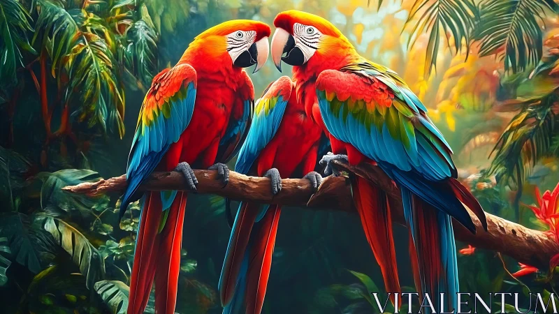 Vibrant Scarlet Macaws Perched in Lush Tropical Jungle Artwork.