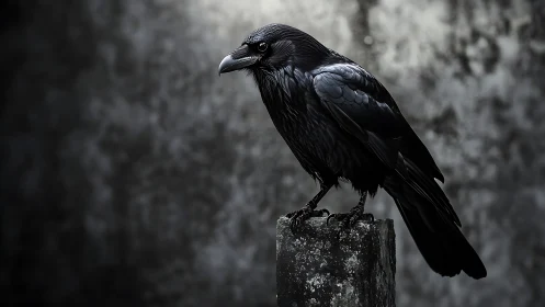 Raven Perched on Stone Post in Dramatic Monochrome.