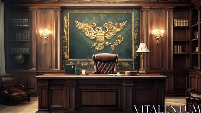 Regal walnut office throne beneath gilded American eagle.