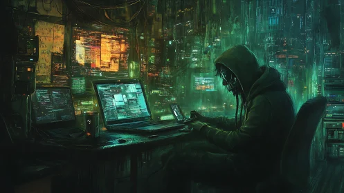 Cyberpunk hacker commands neon code in dark server lair.