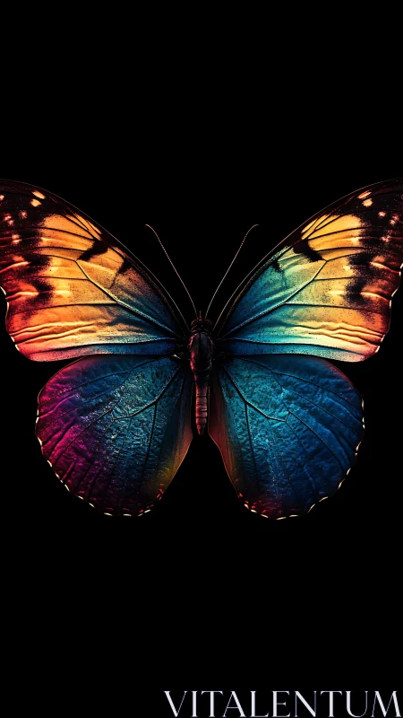 Symmetrical multicolor butterfly is centered on black background