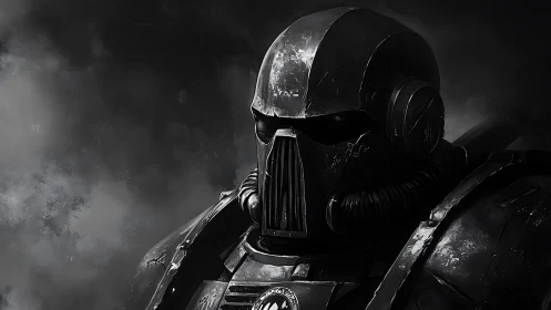 Grim armored warrior in monochrome sci fi battle portrait.