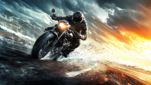 Motorcyclist racing through wet road under stormy sky.
