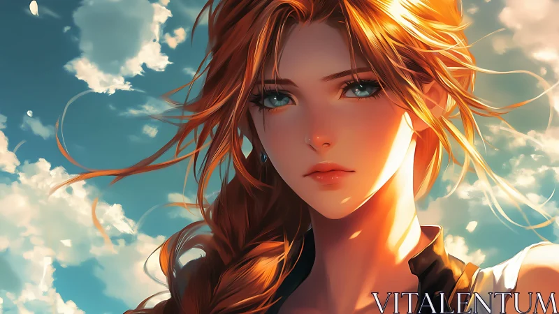 Sunlit redhead portrait under luminous summer sky.