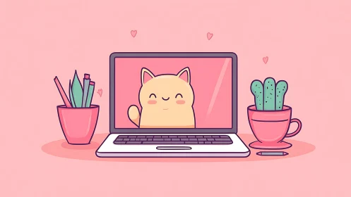 Cute virtual cat waves from laptop amid pastel décor.