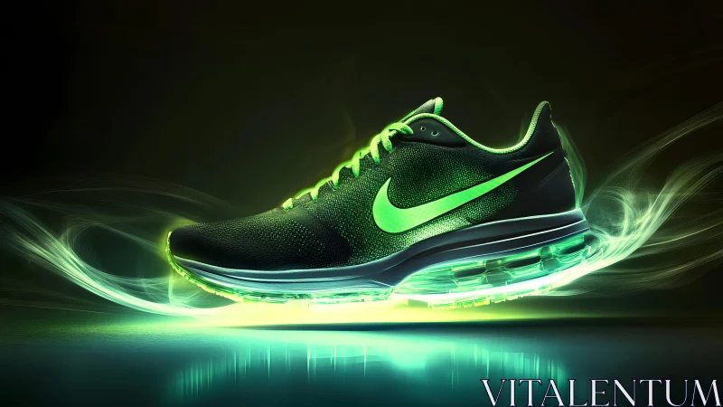 Futuristic Nike Running Shoe with Neon Green Glow, Digital Art.