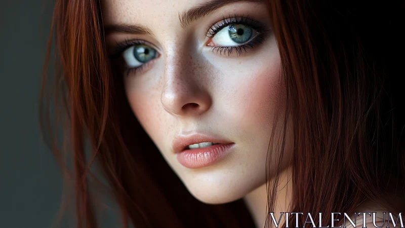 Copper-haired gaze carves quiet intensity from soft shadow