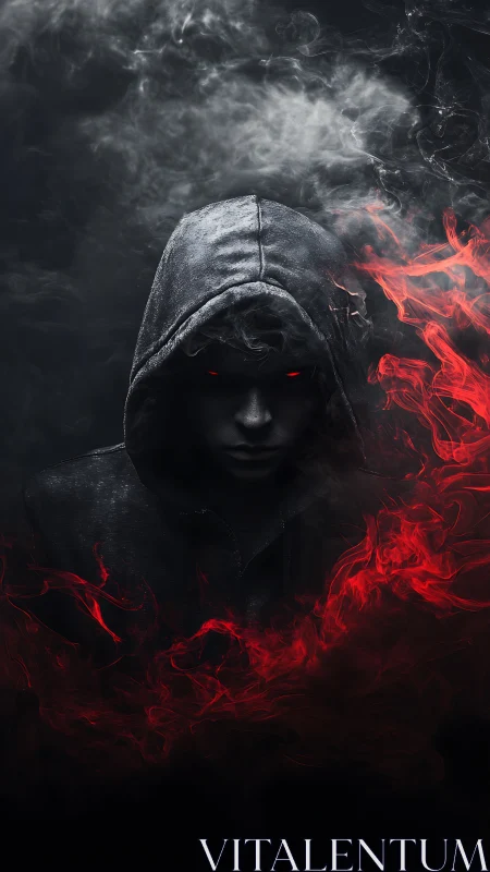 Mysterious hooded figure emerging from shadows and flame.