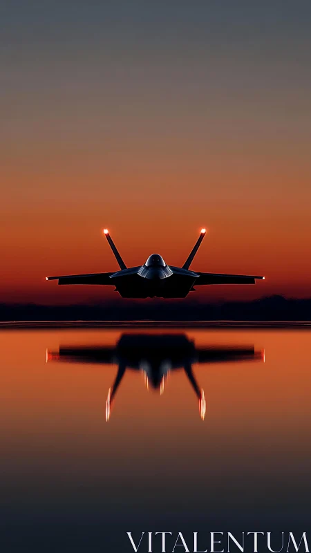 Stealth jet silhouette over mirrored sunset horizon line.