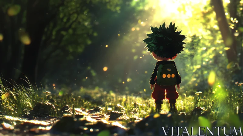 Chibi forest explorer stands in glowing morning light.