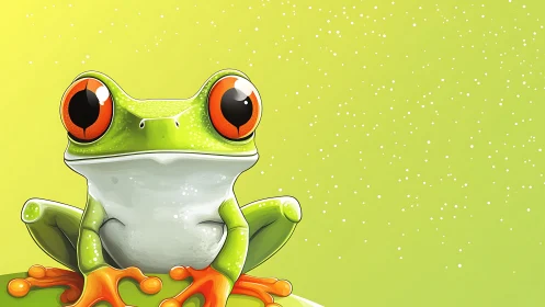 Green tree frog cartoon with bold orange eyes on yellow