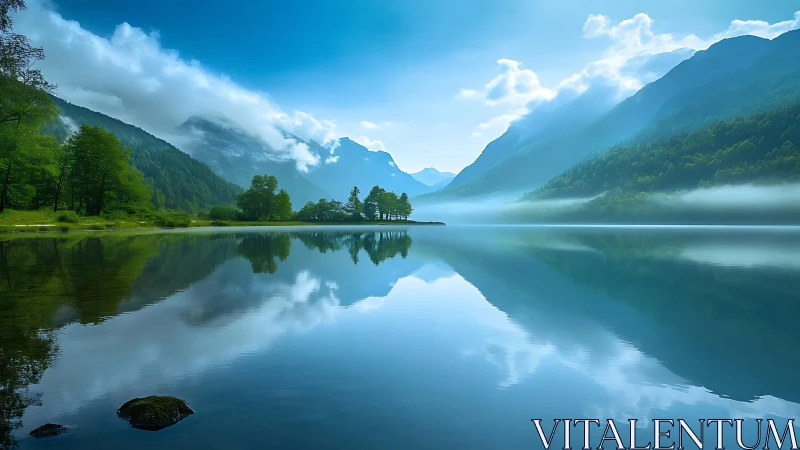 Symmetric alpine lake reflection with low fog and backlit ridges