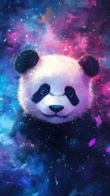 Cosmic chromatic panda portrait with nebular particle field.
