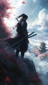 Lone samurai surveys misty valley above distant mountain temple