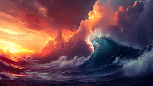 Stormy ocean wave erupts beneath a blazing, cinematic sunset