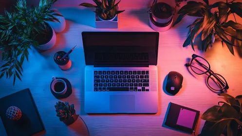 Creative laptop workspace under neon blue and magenta glow.