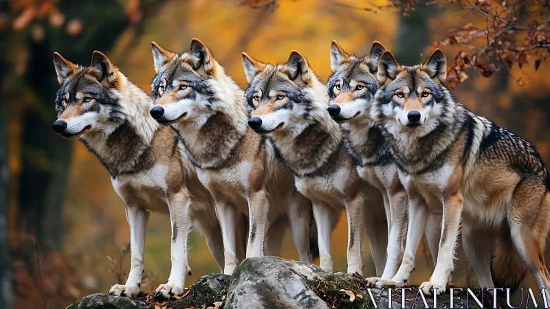 Photorealistic wolf pack alignment on autumn forest ridge.