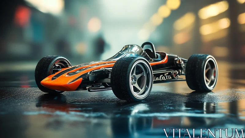 Low-profile race car model on wet reflective urban surface.