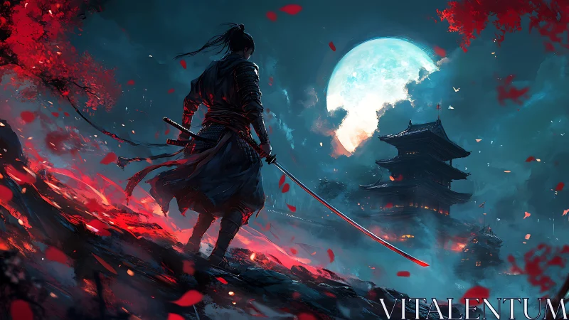 Moonlit ronin overlooking burning temple in crimson storm.