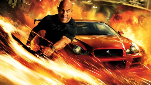 Man runs beside red sports car through explosive fire