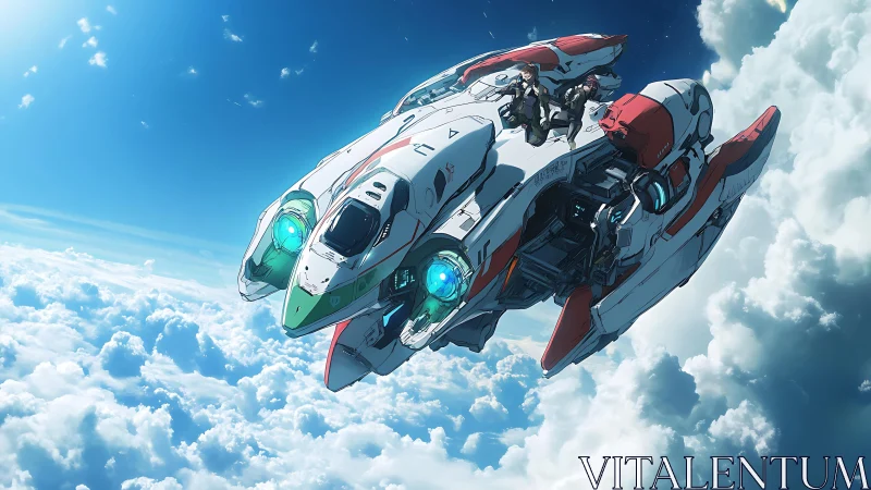 Sleek white starfighter cuts through high-altitude cloud sea