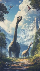 Colossal sauropods roam a misty primeval mountain valley.