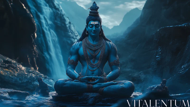 Blue-skinned meditating figure sits cross-legged by waterfall