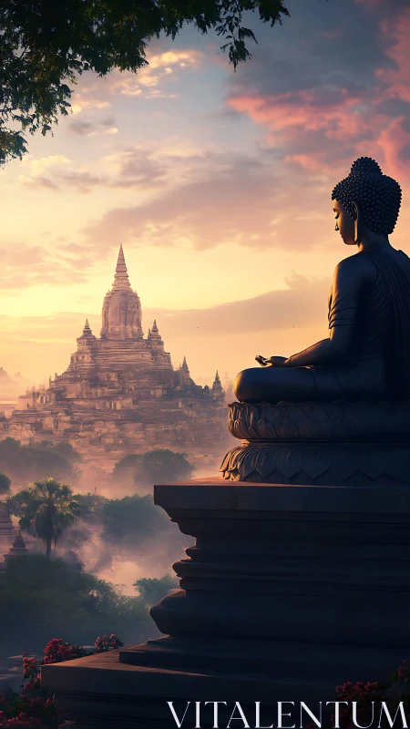 Buddha statue overlooks layered temple city at sunrise
