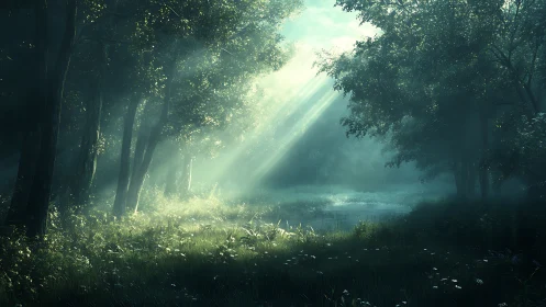 Luminous Forest Cathedral: Divine Light Through Ancient Woods.