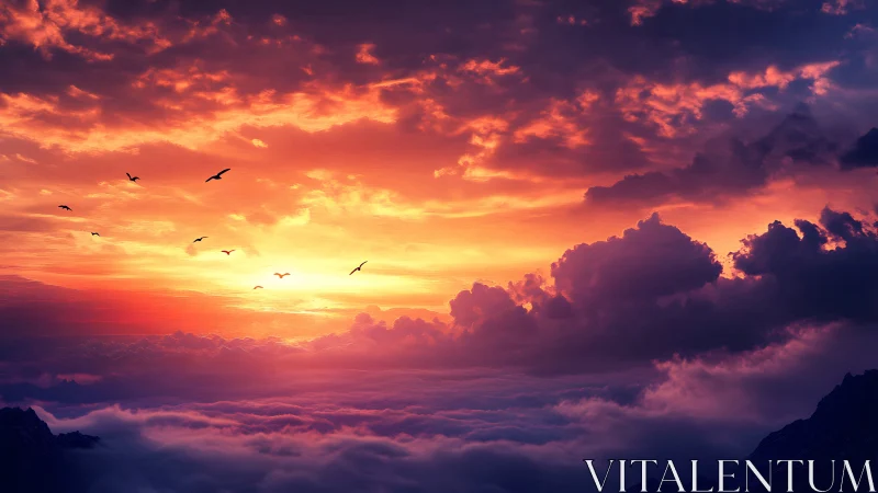 Sunset sky over clouds with birds in vivid warm light.
