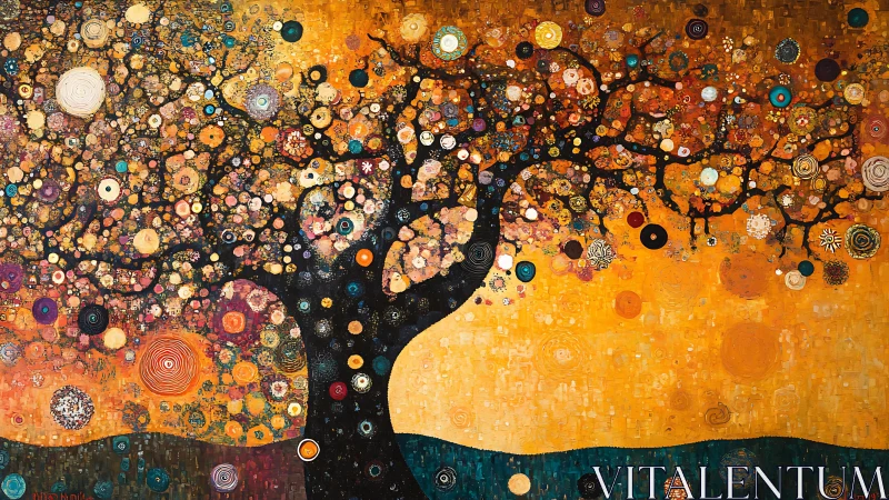 Golden abstract tree explodes with spiraling mosaic light.