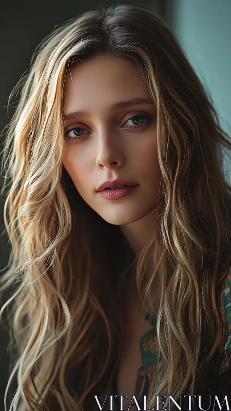 Softly lit portrait of a thoughtful young woman in calm tones.