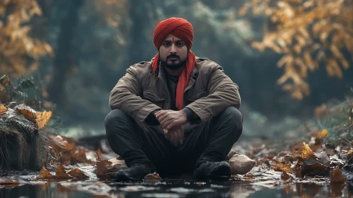 Autumn forest quiets around a man in a red turban